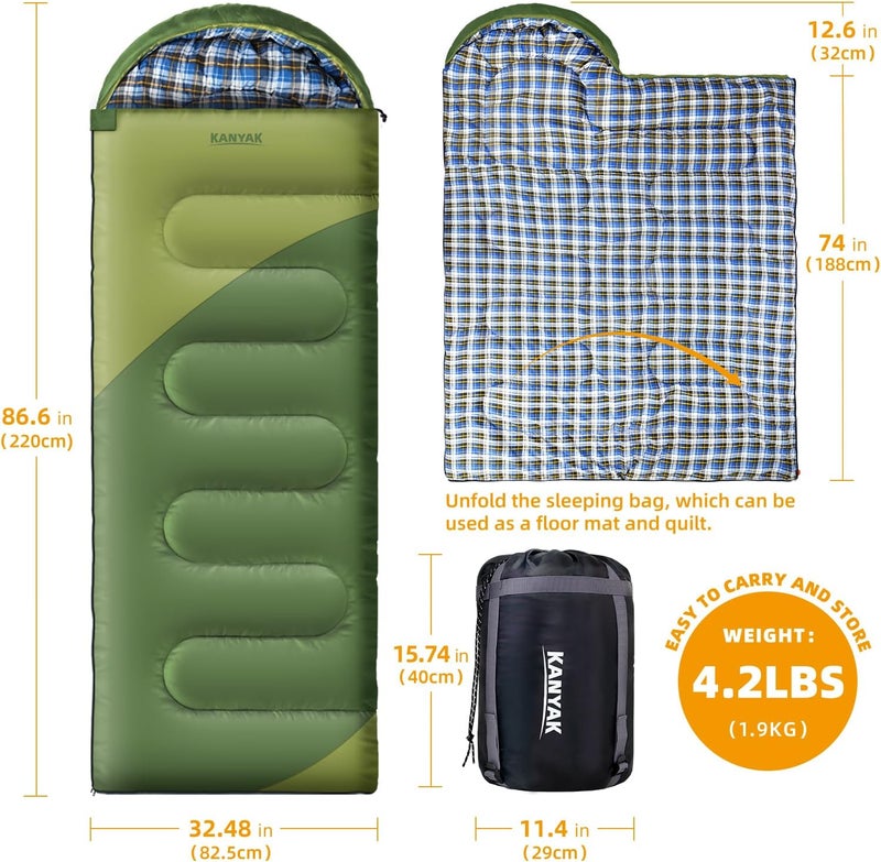 Kanyak Camping Sleeping Bag, 32℉ Sleeping Bags for Adults Kids Teens Cold Weather Warm Sleeping Bag Winter for 3-4 Season Camping, Camping Gear Equipment, Traveling, and Outdoors - Image 2